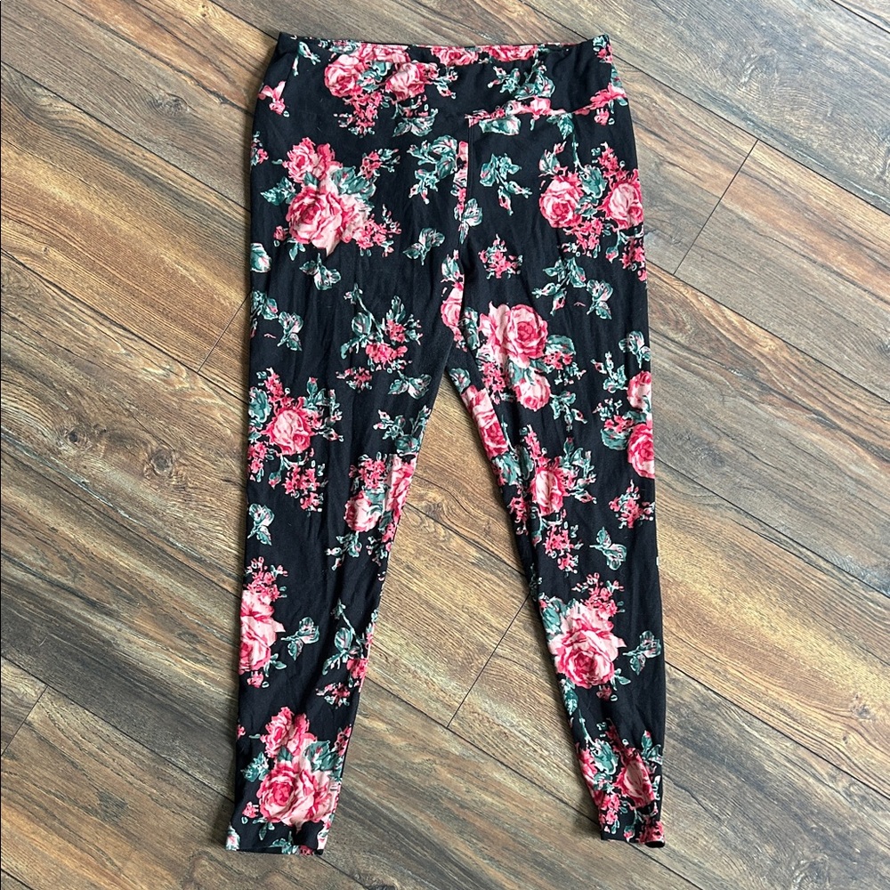 LuLaRoe Black and Pink Floral Leggings